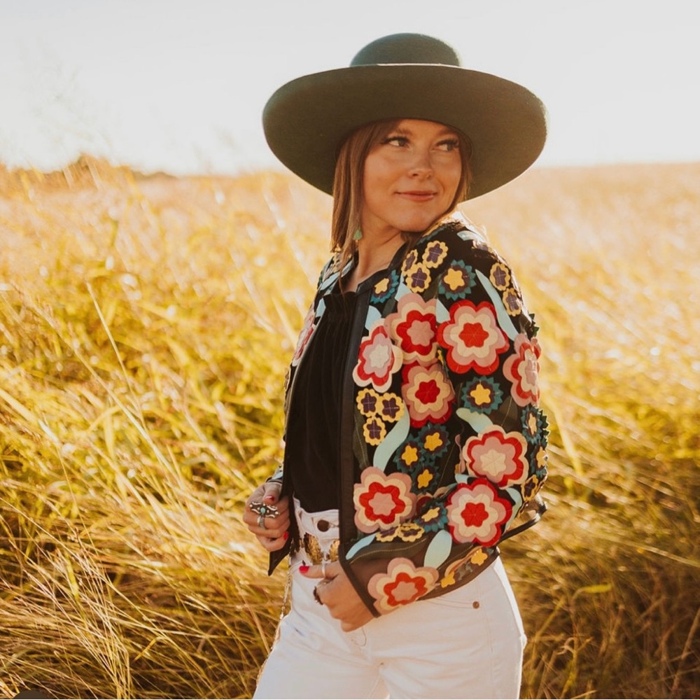 NEW Dakota West Leather Floral Appliqué Bomber Jacket Size M, L, XL